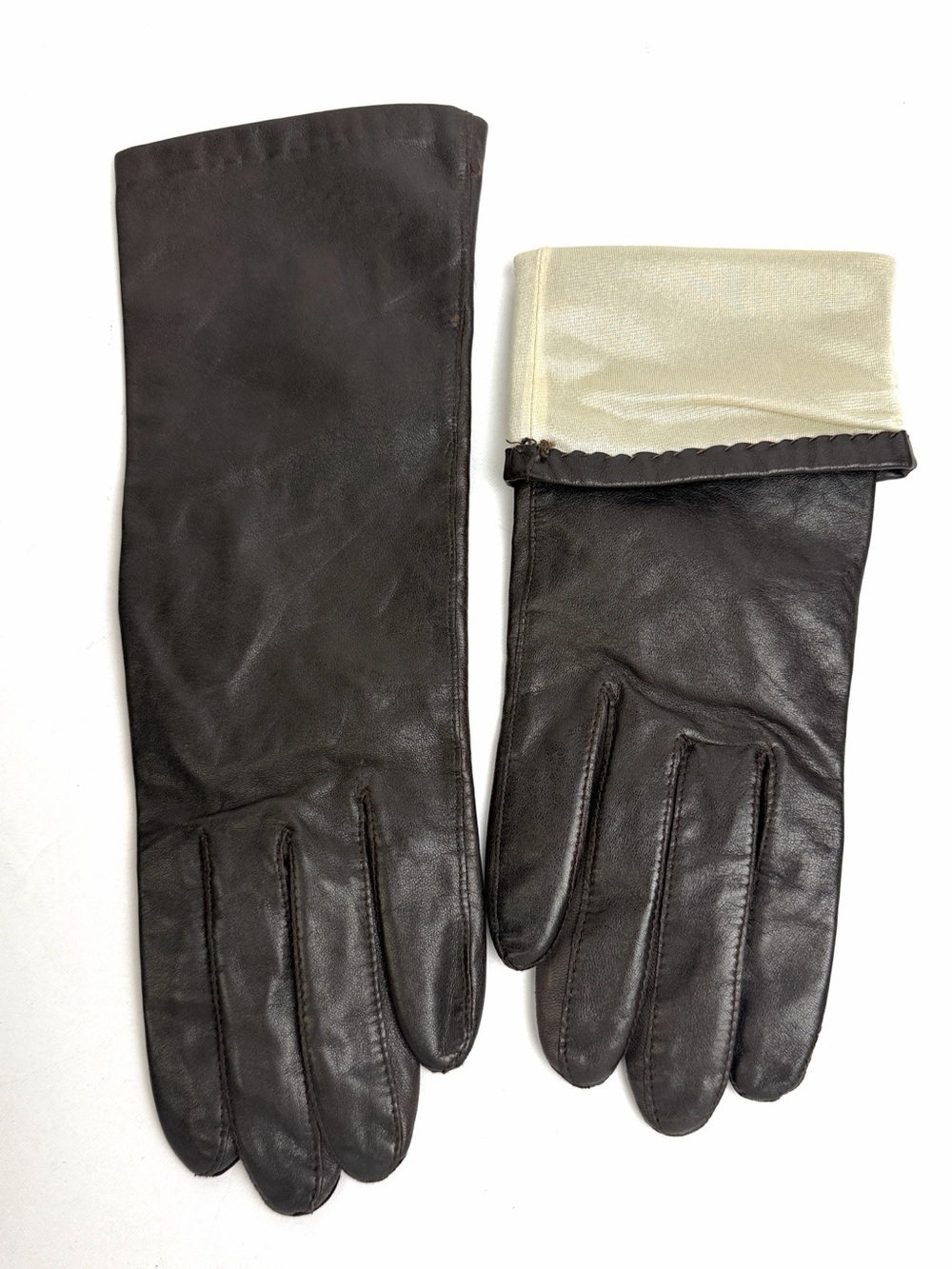 Vintage Shalimar Women’s Brown Genuine Leather Gloves Qiana size L Length 11"